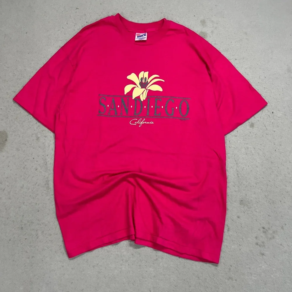 Vintage 90s Hanes Beefy-T San Diego California Flower Graphic Pink T-Shirt XL